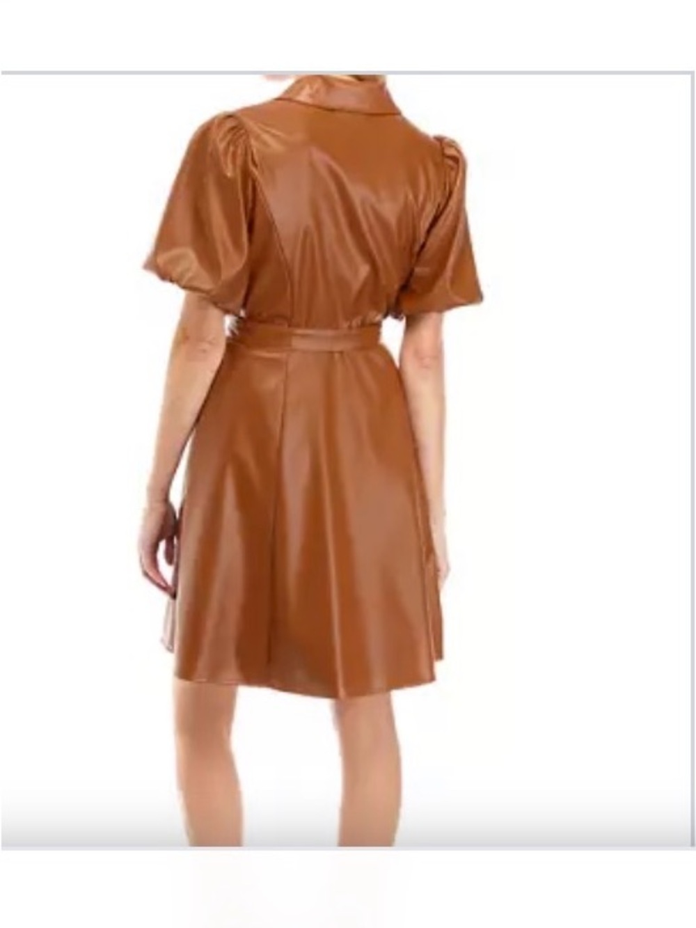 Maison Tara Cognac Faux Leather Puff-Sleeve Button-Front Mini Dress - Picture 2 of 16